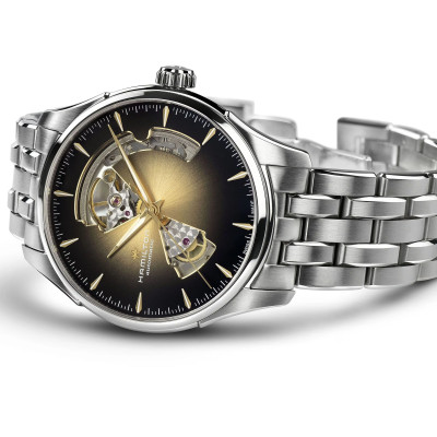 Image capturant l’ensemble de la montre Montre Jazzmaster Open Heart Auto 40 Mm Cadran Noir Bracelet Argenté