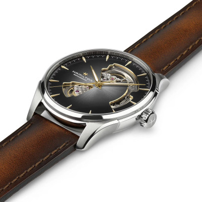 Image capturant l’ensemble de la montre Montre Jazzmaster Open Heart Auto 40 Mm Cadran Noir Bracelet Argenté