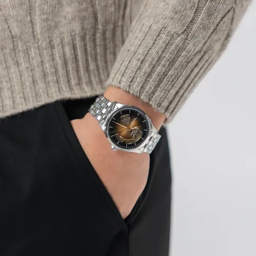 Photo montrant l'intégralité de la montre Montre Jazzmaster Open Heart Auto 42 Mm Cadran Noir Fumé Argenté Bracelet Argent