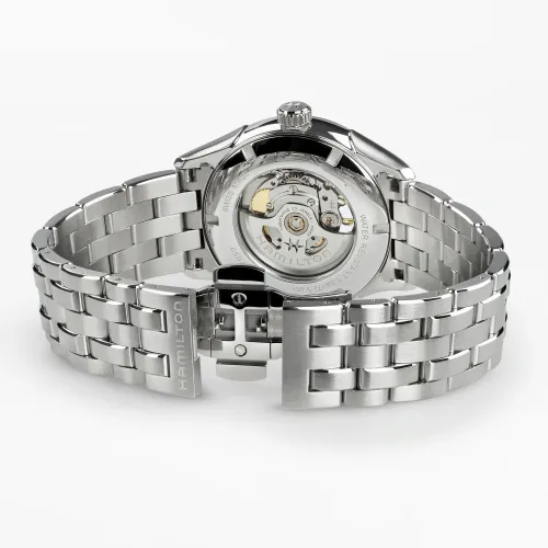 Photo montrant l'intégralité de la montre Montre Jazzmaster Open Heart Auto 42 Mm Cadran Noir Fumé Argenté Bracelet Argent