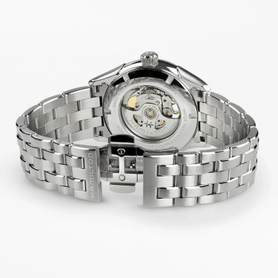 Vue de la boucle de la Montre Jazzmaster Open Heart Auto 42 Mm Cadran Noir Fumé Argenté Bracelet Argent