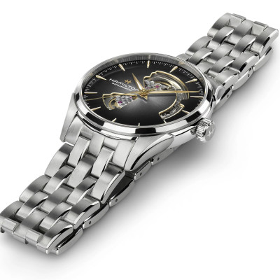 Vue complète de la montre Montre Jazzmaster Open Heart Auto 42 Mm Cadran Noir Fumé Argenté Bracelet Argent