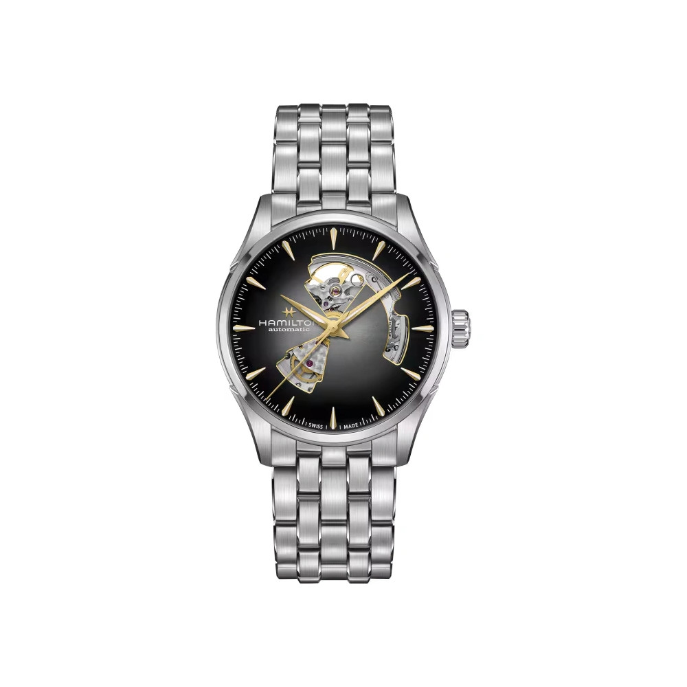 Photo montrant l'intégralité de la montre Montre Jazzmaster Open Heart Auto 42 Mm Cadran Noir Fumé Argenté Bracelet Argent