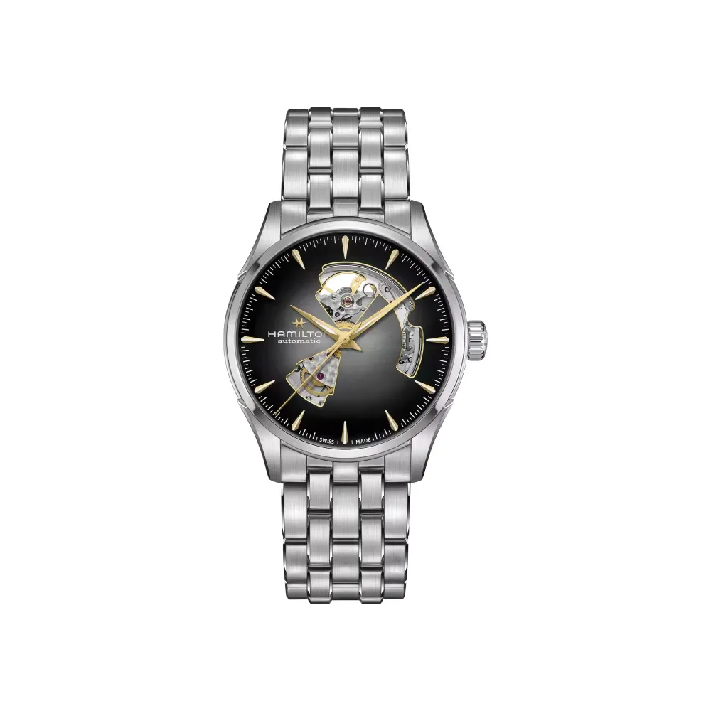 Photo montrant l'intégralité de la montre Montre Jazzmaster Open Heart Auto 42 Mm Cadran Noir Fumé Argenté Bracelet Argent