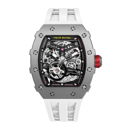 Vue profil de la montre TSAR BOMBA Montre Automatique Titane Silicone Blanc