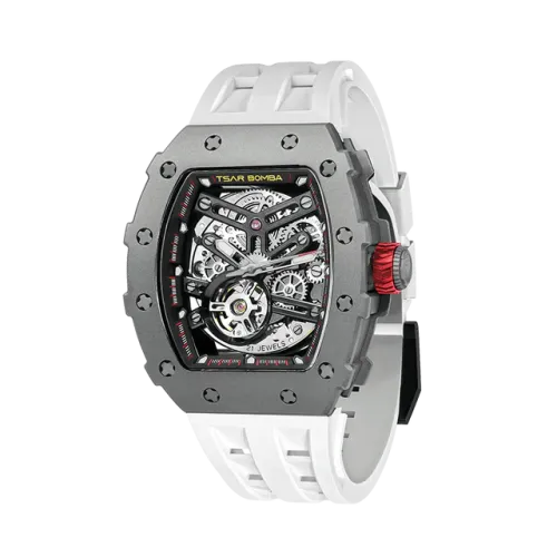 Vue profil de la montre TSAR BOMBA Montre Automatique Titane Silicone Blanc