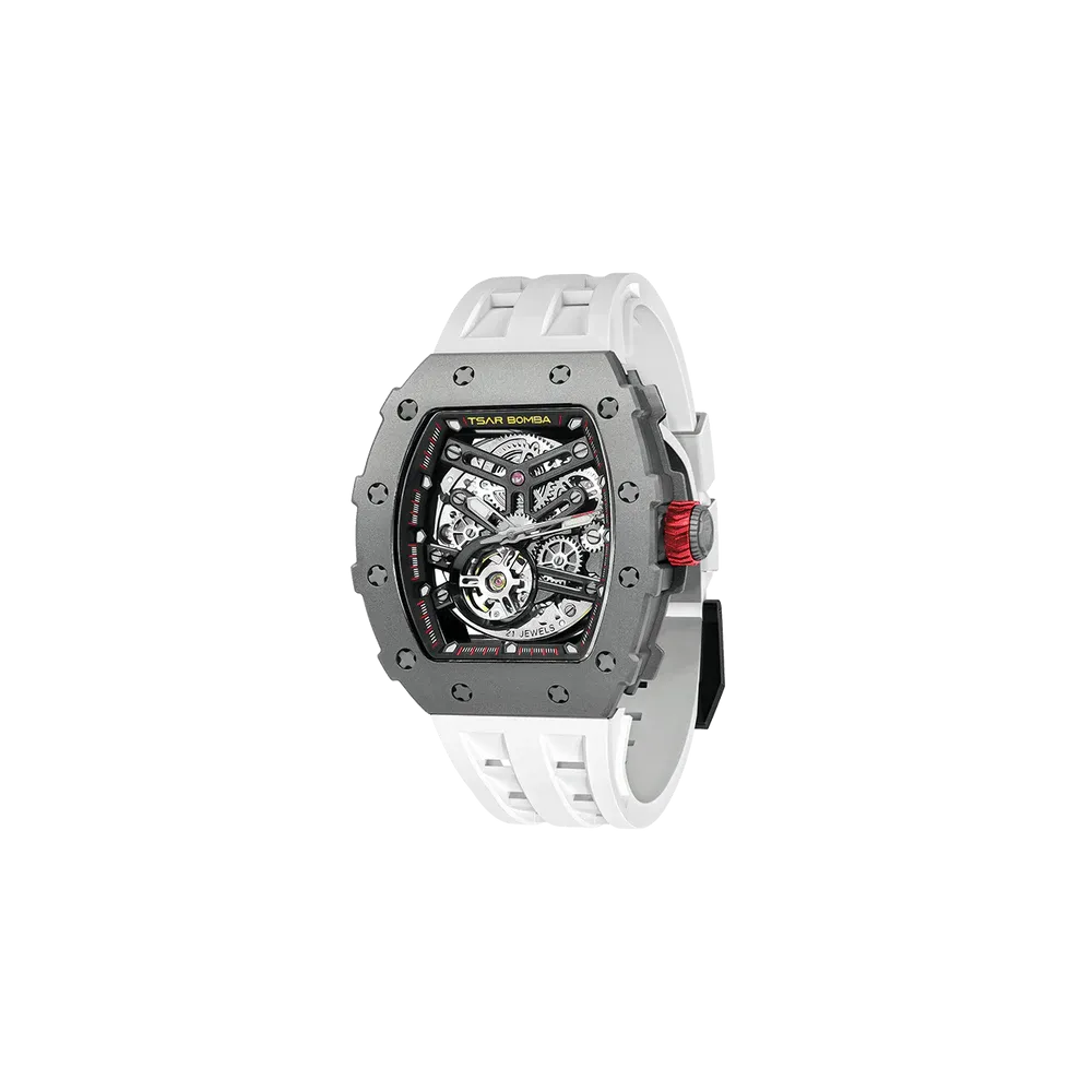 Vue profil de la montre TSAR BOMBA Montre Automatique Titane Silicone Blanc