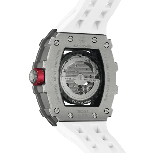 Vue profil de la montre TSAR BOMBA Montre Automatique Titane Silicone Blanc