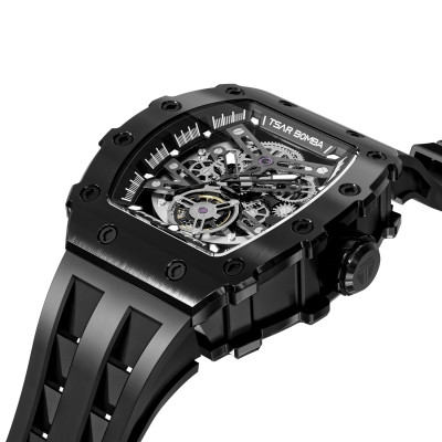 Vue profil de la montre Tsar Bomba Montre Automatique Acier Pvd Noir Silicone Noir