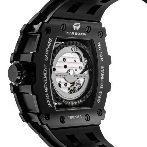 Photo montrant l'intégralité de la montre Tsar Bomba Montre Automatique Acier Pvd Noir Silicone Noir