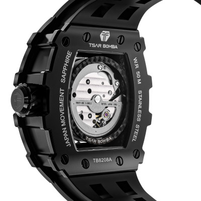 Vue de dos de la montre Tsar Bomba Montre Automatique Acier Pvd Noir Silicone Noir