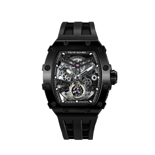 Photo montrant l'intégralité de la montre Tsar Bomba Montre Automatique Acier Pvd Noir Silicone Noir