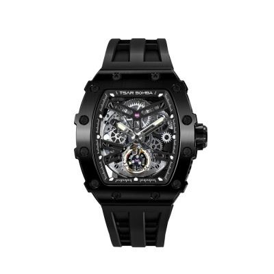 Image capturant l’ensemble de la montre Tsar Bomba Montre Automatique Acier Pvd Noir Silicone Noir