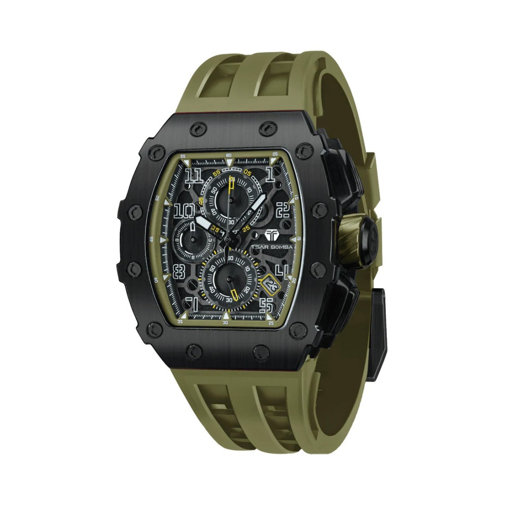 Photo montrant l'intégralité de la montre Montre Tsar Bomba Chrono Quartz Pvd Noir Silicone Kaki