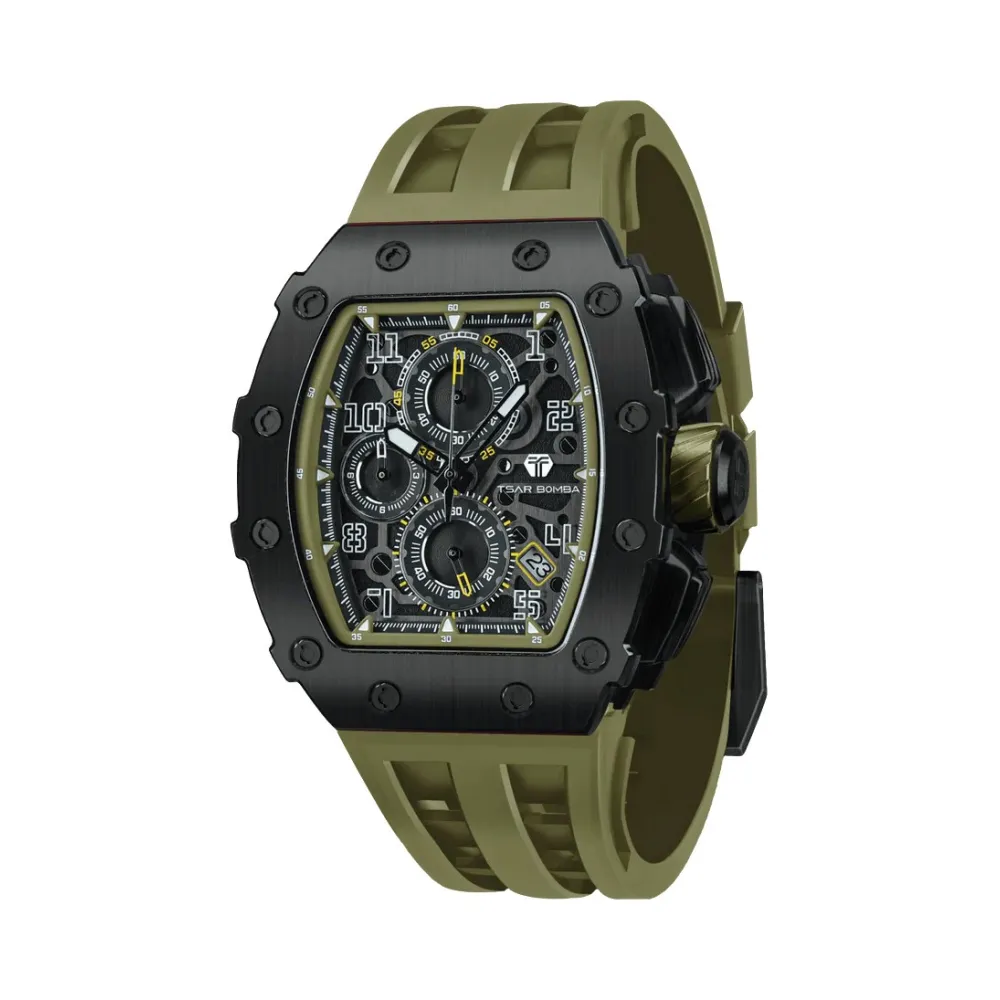 Photo montrant l'intégralité de la montre Montre Tsar Bomba Chrono Quartz Pvd Noir Silicone Kaki