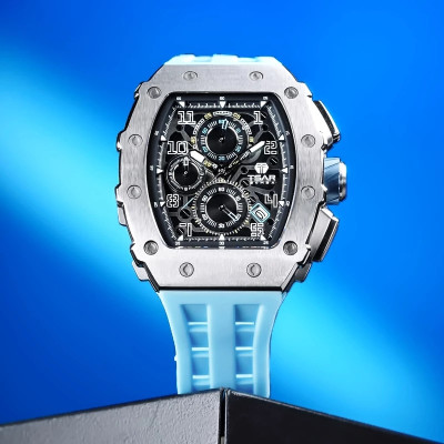 Vue complète de la montre Montre Tsar Bomba Chrono Quartz Acier Silicone Bleu Clair