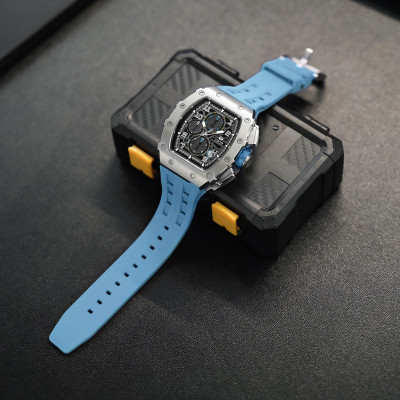 MONTRE TSAR BOMBA CHRONO QUARTZ ACIER SILICONE BLEU CLAIR
