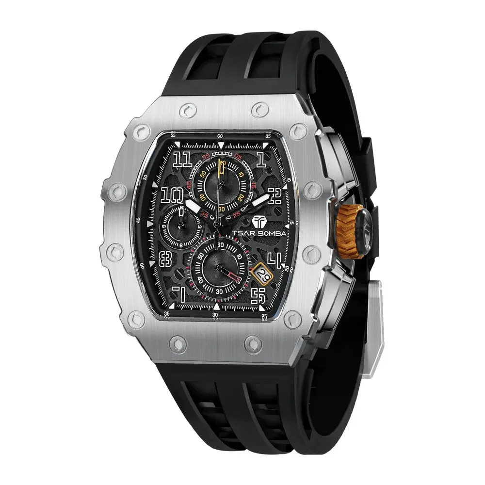 Photo montrant l'intégralité de la montre Montre Tsar Bomba Chrono Quartz Acier Silicone Noir.