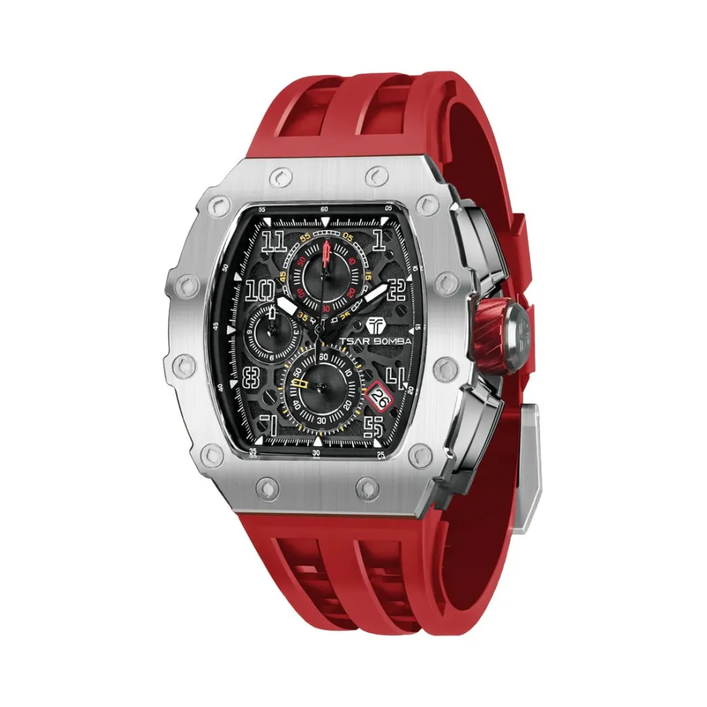 MONTRE TSAR BOMBA CHRONO QUARTZ ACIER SILICONE ROUGE