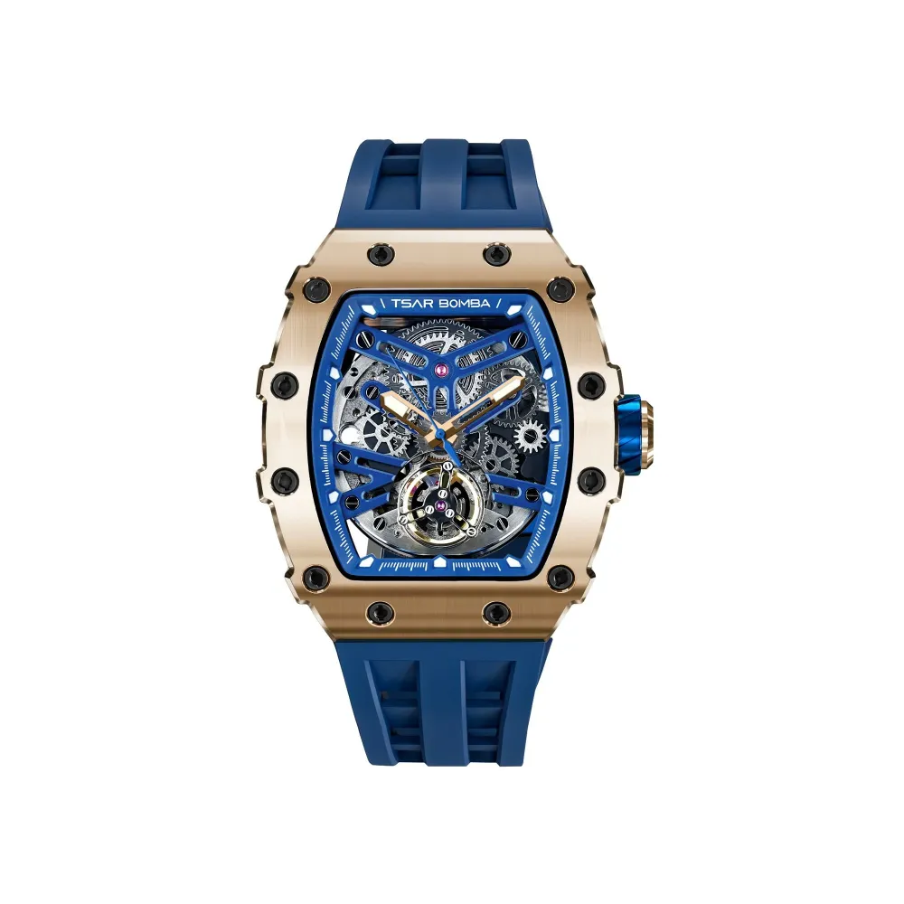 MONTRE TSAR BOMBA AUTOMATIQUE ACIER PVD ROSE SILICONE BLEU
