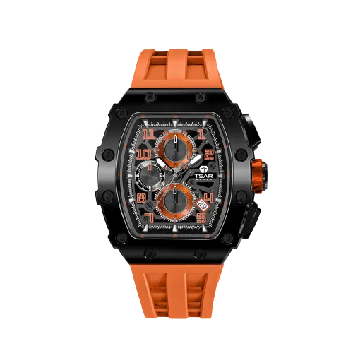 MONTRE TSAR BOMBA CHRONO QUARTZ PVD NOIR SILICONE ORANGE