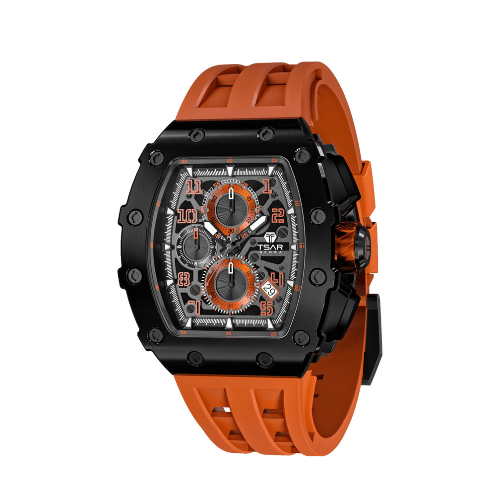 MONTRE TSAR BOMBA CHRONO QUARTZ PVD NOIR SILICONE ORANGE