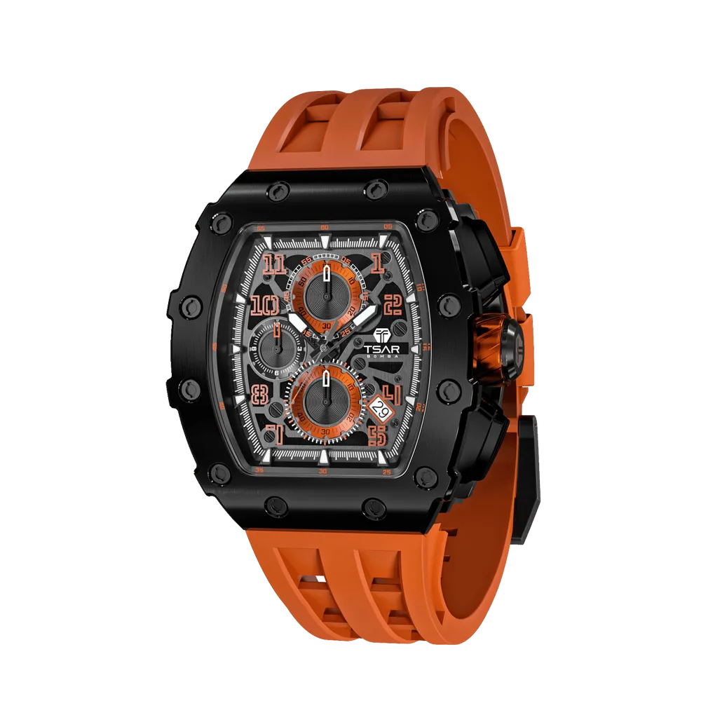 MONTRE TSAR BOMBA CHRONO QUARTZ PVD NOIR SILICONE ORANGE