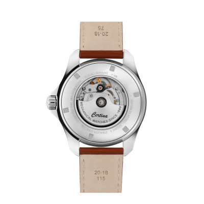 View of the Certina montre DS Action Day Date Powermatic 80 with a transparent case back