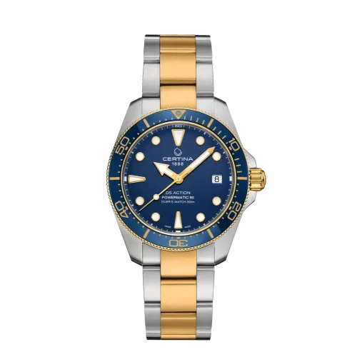 MONTRE CERTINA DS ACTION DIVER 38MM POWERMATIC 80 CADRAN BLEU, BRACELET ACIER, LUNETTE BICOLORE DORÉE