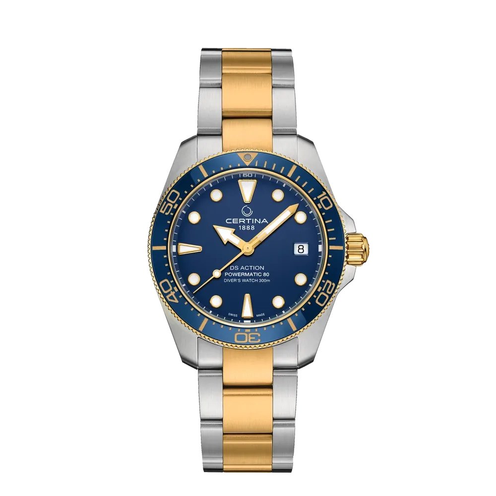 MONTRE CERTINA DS ACTION DIVER 38MM POWERMATIC 80 CADRAN BLEU, BRACELET ACIER, LUNETTE BICOLORE DORÉE