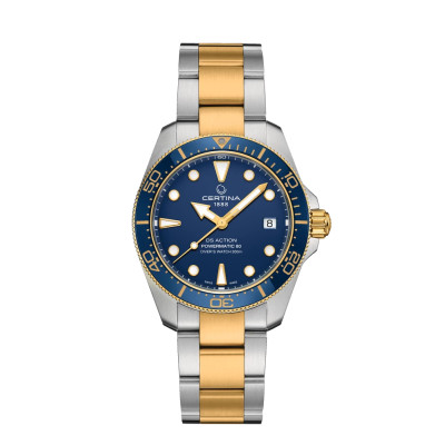 MONTRE CERTINA DS ACTION DIVER 38MM POWERMATIC 80 CADRAN BLEU, BRACELET ACIER, LUNETTE BICOLORE DORÉE