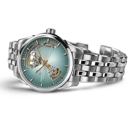 HAMILTON JAZZMASTER OPEN HEART AUTO 36 MM CADRAN BLEU CLAIR BRACELET MÉTAL