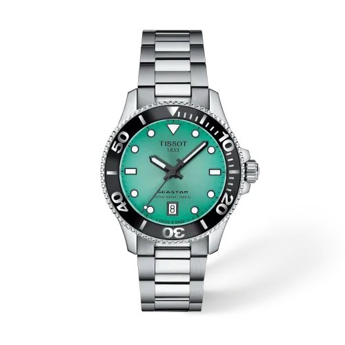MONTRE TISSOT SEASTAR 1000 36MM CADRAN TURQUOISE BRACELET BICOLORE MÉTAL ARGENTÉ
