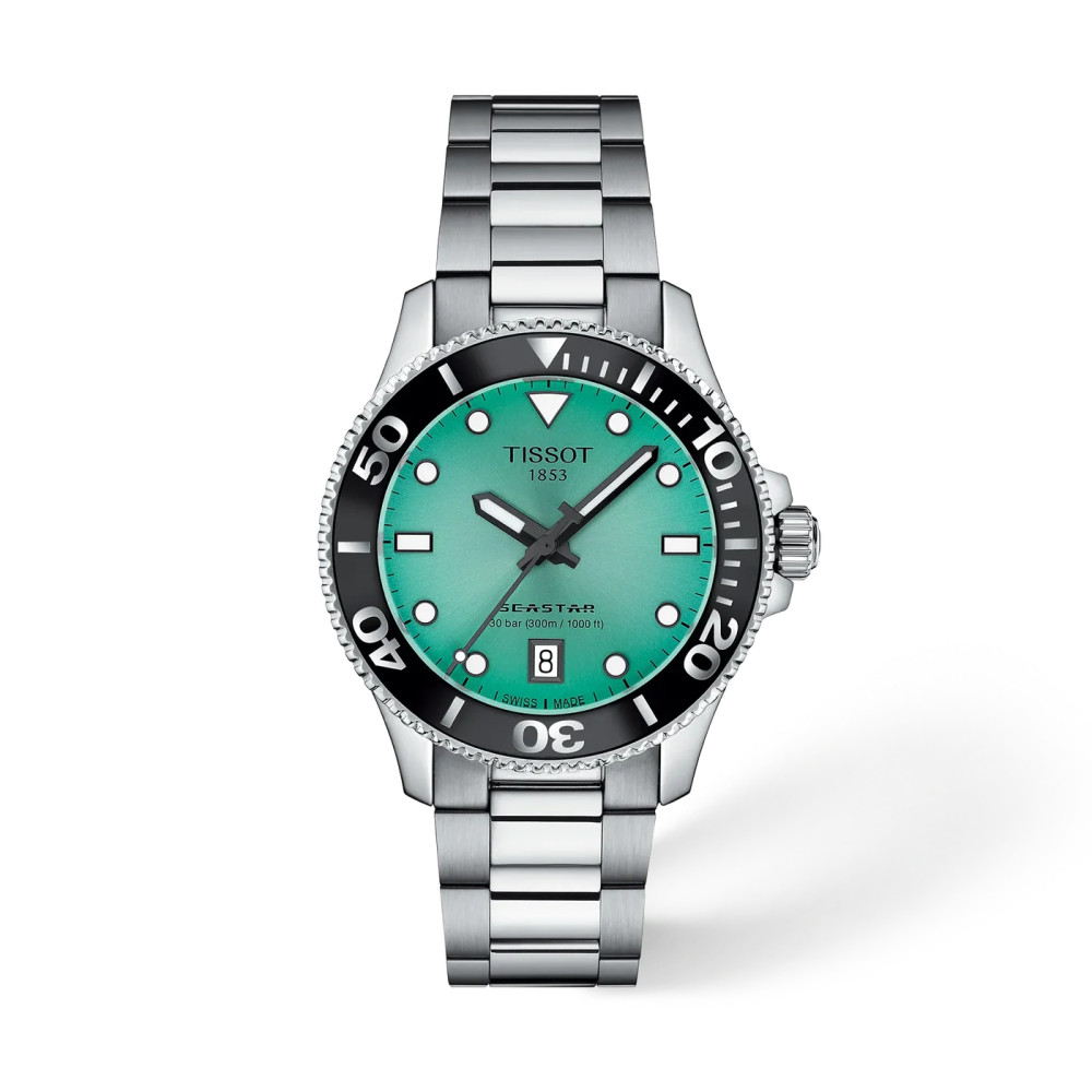 MONTRE TISSOT SEASTAR 1000 36MM CADRAN TURQUOISE BRACELET BICOLORE MÉTAL ARGENTÉ
