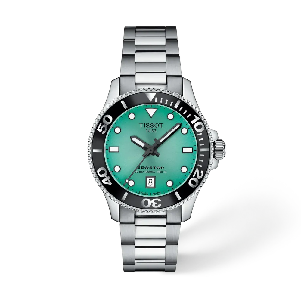 MONTRE TISSOT SEASTAR 1000 36MM CADRAN TURQUOISE BRACELET BICOLORE MÉTAL ARGENTÉ