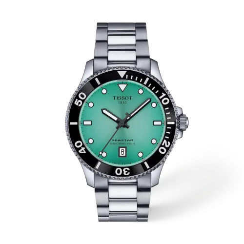 MONTRE TISSOT SEASTAR 1000 40MM CADRAN TURQUOISE BRACELET BICOLORE MÉTAL ARGENTÉ