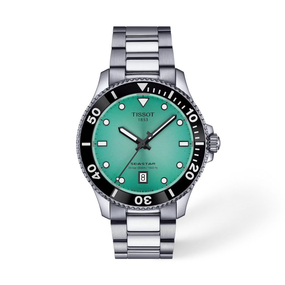 MONTRE TISSOT SEASTAR 1000 40MM CADRAN TURQUOISE BRACELET BICOLORE MÉTAL ARGENTÉ