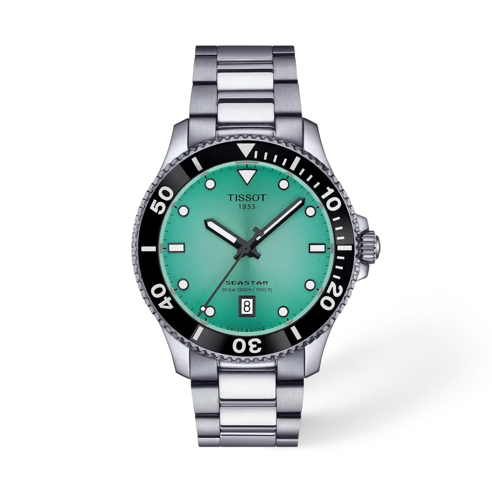 MONTRE TISSOT SEASTAR 1000 40MM CADRAN TURQUOISE BRACELET BICOLORE MÉTAL ARGENTÉ