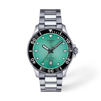 MONTRE TISSOT SEASTAR 1000 40MM CADRAN TURQUOISE BRACELET BICOLORE MÉTAL ARGENTÉ