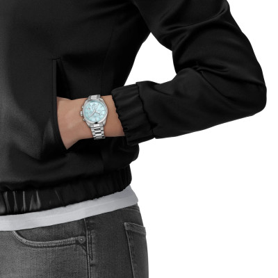 MONTRE TISSOT PR 100 36MM CADRAN NACRE BLEUE BRACELET BI‑COLOR MÉTAL
