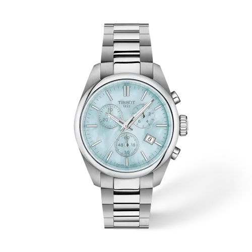 MONTRE TISSOT PR 100 36MM CADRAN NACRE BLEUE BRACELET BI‑COLOR MÉTAL