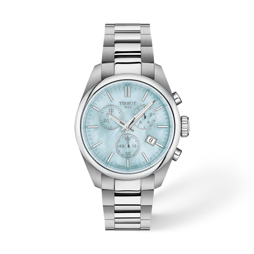 MONTRE TISSOT PR 100 36MM CADRAN NACRE BLEUE BRACELET BI‑COLOR MÉTAL