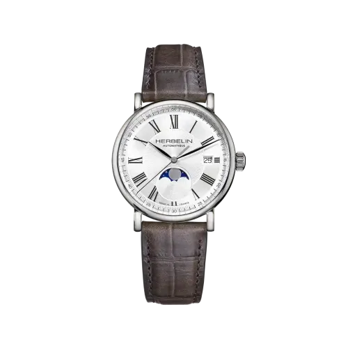 MONTRE HERBELIN INSPIRATION AUTOMATIQUE PHASE DE LUNE ACIER & CUIR GRIS