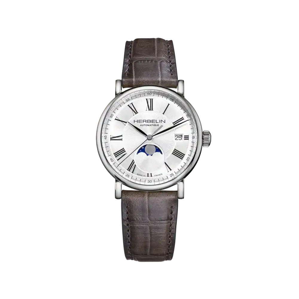 MONTRE HERBELIN INSPIRATION AUTOMATIQUE PHASE DE LUNE ACIER & CUIR GRIS