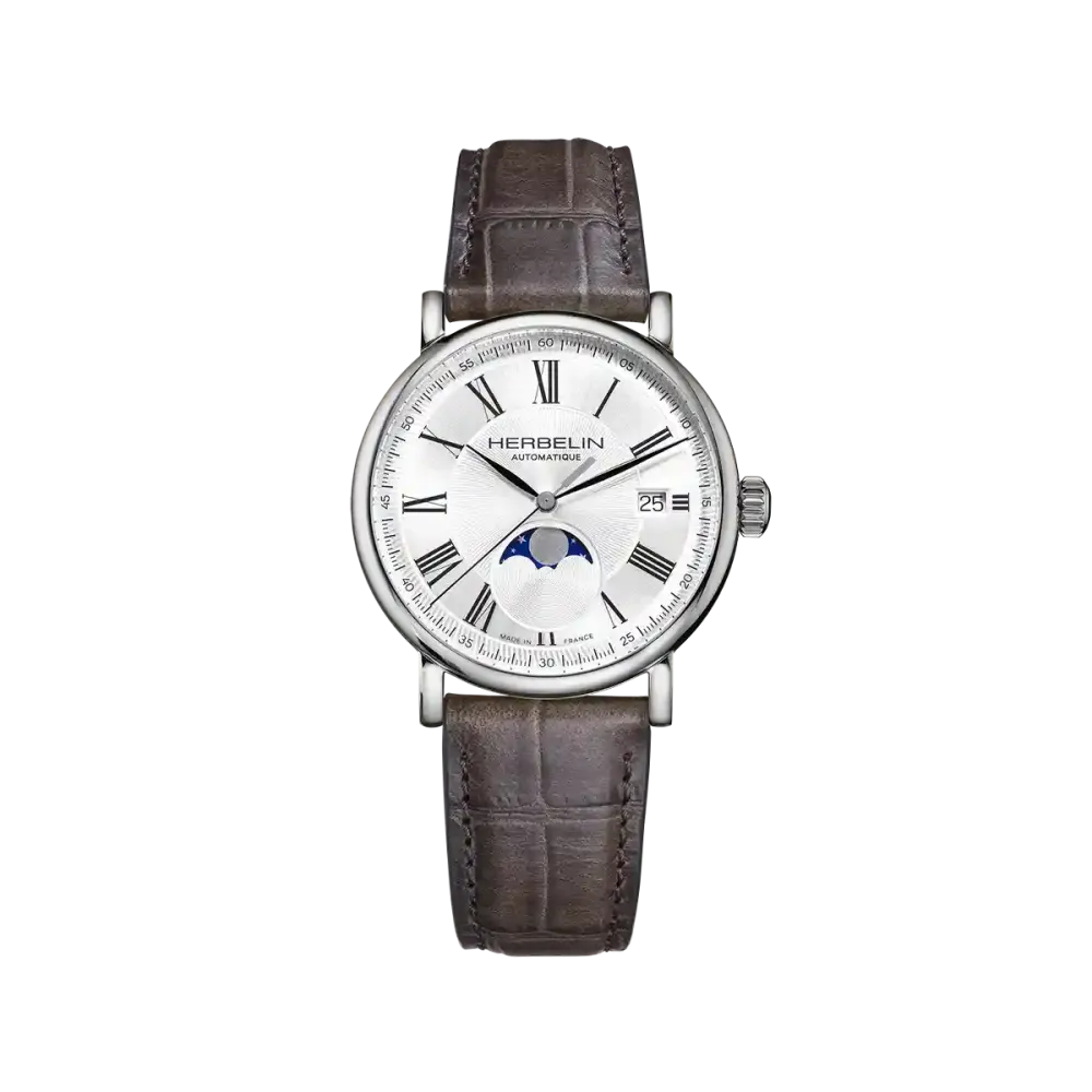 MONTRE HERBELIN INSPIRATION AUTOMATIQUE PHASE DE LUNE ACIER & CUIR GRIS