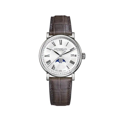 MONTRE HERBELIN INSPIRATION AUTOMATIQUE PHASE DE LUNE ACIER & CUIR GRIS