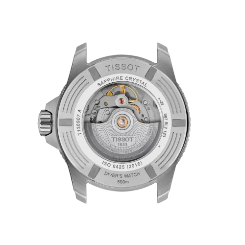 MONTRE TISSOT SEASTAR POWERMATIC 80 44 MM CÉRAMIQUE NOIRE CADRAN ORANGE BRACELET CAOUTCHOUC NOIR