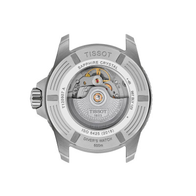 MONTRE TISSOT SEASTAR POWERMATIC 80 44 MM CÉRAMIQUE NOIRE CADRAN ORANGE BRACELET CAOUTCHOUC NOIR