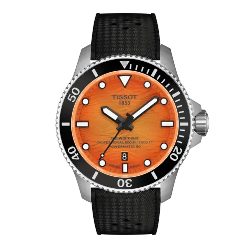 MONTRE TISSOT SEASTAR POWERMATIC 80 44 MM CÉRAMIQUE NOIRE CADRAN ORANGE BRACELET CAOUTCHOUC NOIR