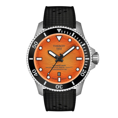 MONTRE TISSOT SEASTAR POWERMATIC 80 44 MM CÉRAMIQUE NOIRE CADRAN ORANGE BRACELET CAOUTCHOUC NOIR